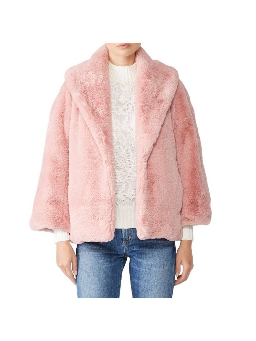 Josie Natori Boxy Soft Pink Plush Faux Fur Coat Shawl Collar Wide Sleeves Sz M